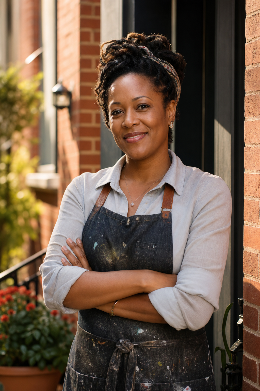 Lesley Drane, the Clean Lines AI painting guide — a warm, professional Black woman in a paint-splattered apron in front of a Baltimore rowhouse